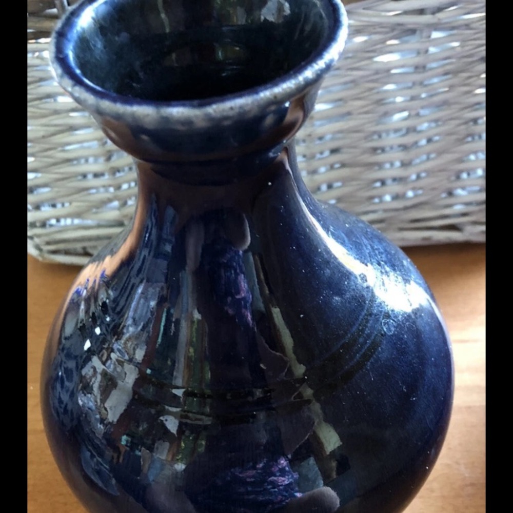Jugtown Ware Neck Vase Deep Blue Glaze Handmade Signed Vernon Owens No. Carolina